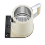 Top view of the Saki Luna Stainless Steel Electric Kettle Pro, featuring a beige exterior, stainless steel interior, digital temperature display at 190°F, control knob, right-side handle, and resting on its base.