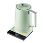 The SAKI Luna Electric Kettle Pro is a modern electric kettle in pastel green, featuring a sleek metallic handle and a matching green platform. Its black base includes control buttons and a digital display, offering convenient temperature settings for precise brewing.