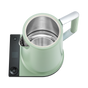 A top view of the SAKI Luna Electric Kettle Pro in light green, featuring a stainless steel interior, a digital base with temperature settings, and a right-side handle. The lid is open to reveal the inside of the kettle.