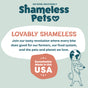 Shameless Pets promo graphic featuring Salmon Loves Butternut Jerky Dog Treats, with a dog holding a globe, the slogan Lovably Shameless, a Sustainably Made in the USA badge, and their mission to help pets and the planet.