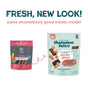 Two bags of Shameless Pets Salmon Loves Butternut Jerky Dog Treats are shown side by side, featuring a fresh look. Made with wild-caught fish and omega-3s, they support skin and coat health using sustainable practices.