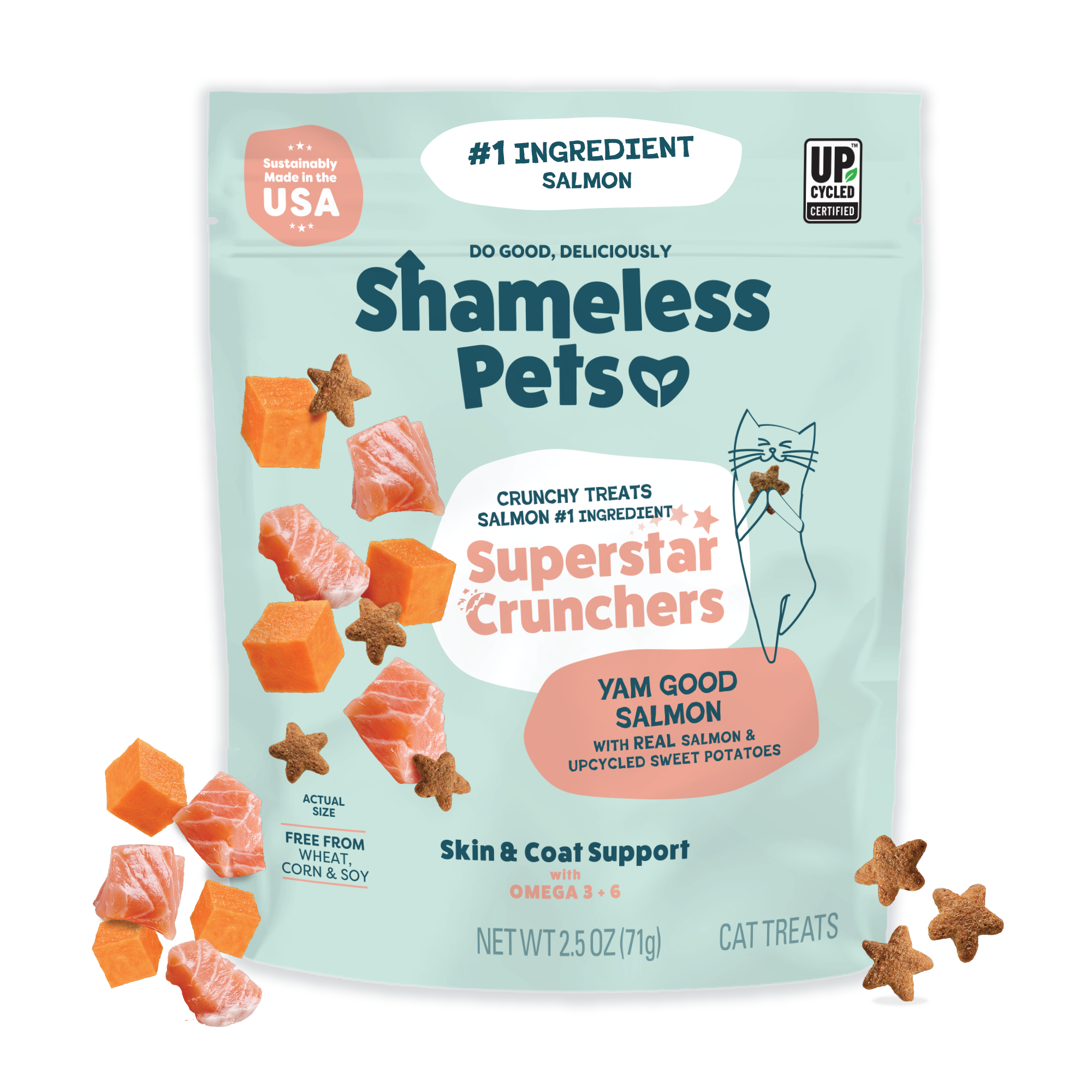 A bag of Shameless Pets Yam Good Salmon Crunchy Cat Treats, made with real salmon, sweet potatoes, and upcycled ingredients to support your cats digestive health.