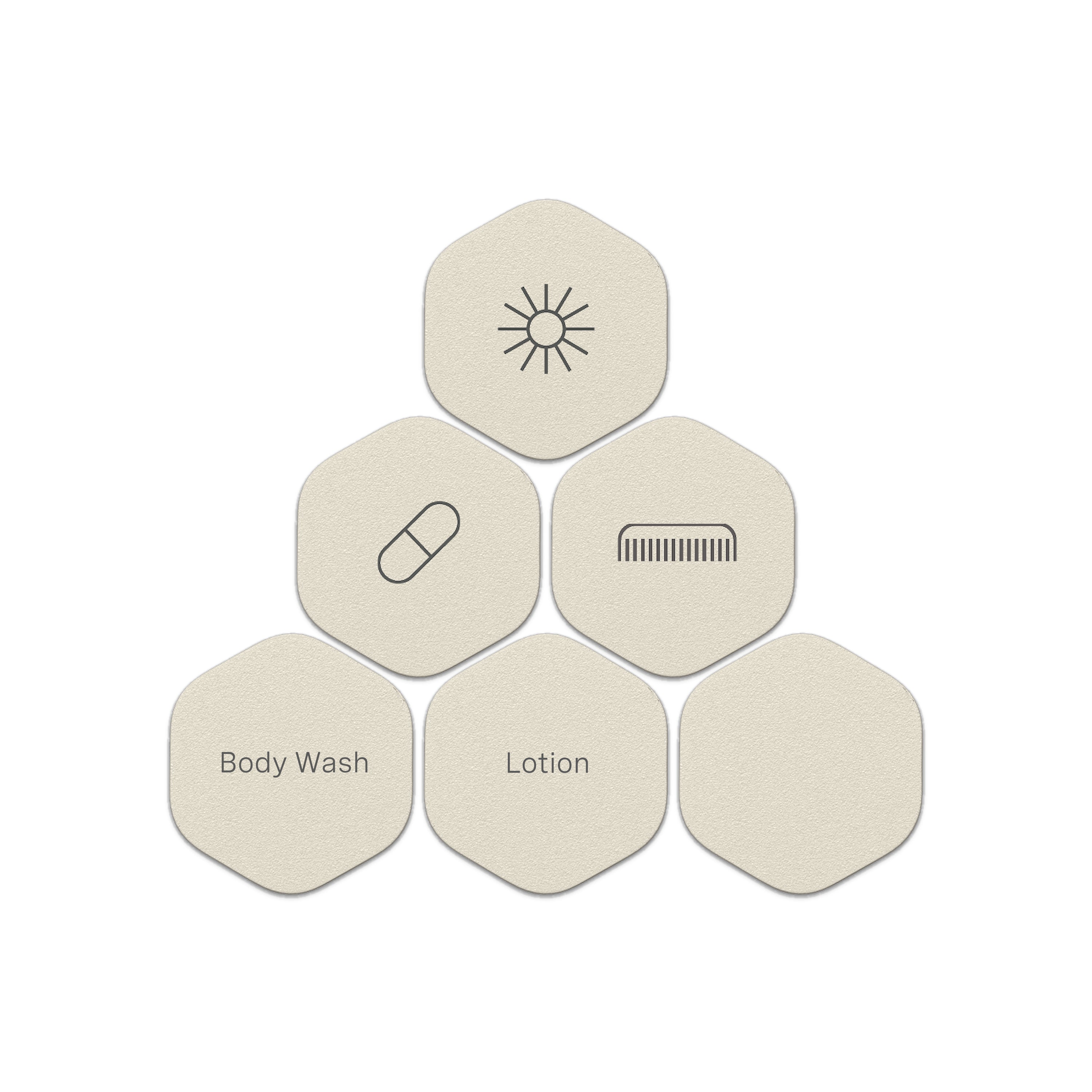 The Cadence Labels - Set of 6 by Cadence includes five beige hexagonal magnetic labels: three with a sun, pill, and comb icon on top, and two labeled Body Wash and Lotion arranged below in a pyramid.