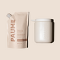 The PAUME Sanitize Duo, featuring a beige refill bag and matching pump, offers a minimalist design while delivering gentle, moisturizing antibacterial hand gel for protection.