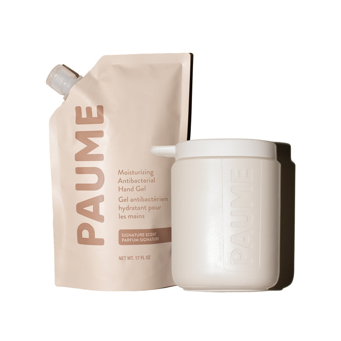 The PAUME Sanitize Duo features a beige refill bag and matching pump container, both with minimalist text design, offering a stylish, refillable solution for moisturizing hand sanitizer and antibacterial hand gel.