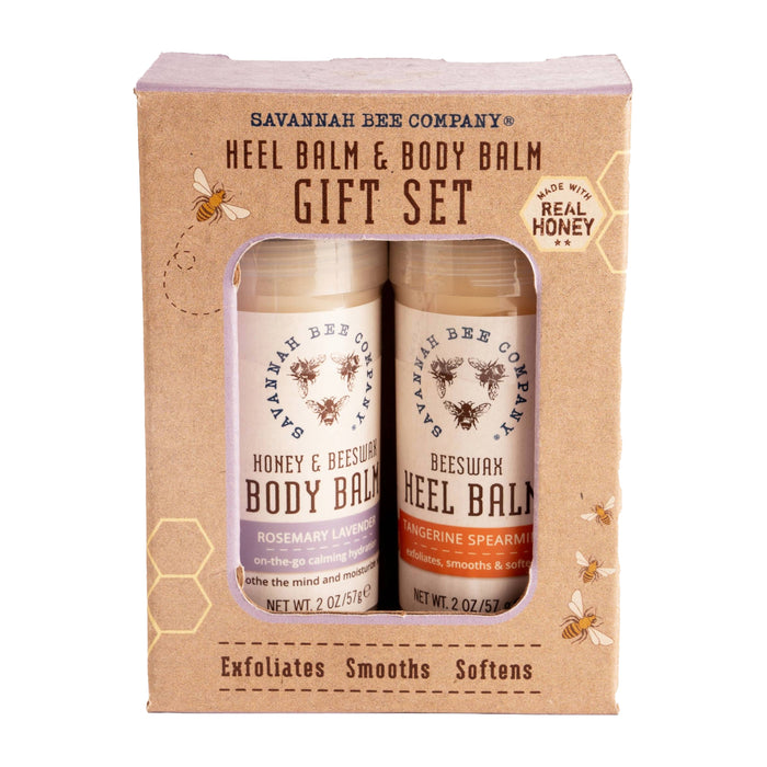 The Savannah Bee Company Heel Balm and Body Balm Gift Set comes in an elegant brown box and includes nourishing honey body balm and beeswax heel balm in soothing rosemary lavender and refreshing tangerine spearmint scents. This natural moisturizer set delivers exfoliating, smoothing, and softening benefits for irresistibly touchable skin.