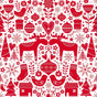 Add a festive touch to your holiday celebrations with the Reusable Gift Bags Set by Waste Free Celebrations. Made from 100% cotton, these bags feature a red and white folk art pattern with moose, birds, hearts, snowflakes, Christmas stockings, ornaments, trees, flowers, stars, and houses—all arranged symmetrically on a crisp white background. Perfect as sustainable gift wrap or for fabric gift bags!.