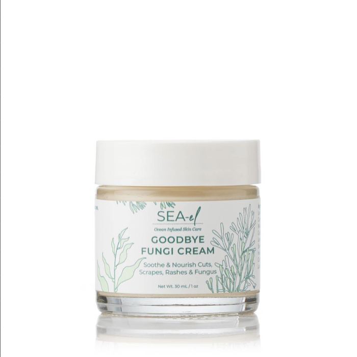 A clear jar of Sea-el Goodbye Fungi Cream with a white lid and green botanical label, featuring natural antifungal ingredients to soothe cuts, scrapes, rashes, and support healthy skin.