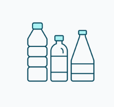Three outlined plastic bottles of different shapes and sizes are shown side by side, each with a blue cap. The background is plain and light-colored.