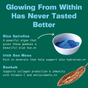 A graphic with “Glowing From Within Has Never Tasted Better” showcases Kuli Kuli Foods Sea Moss & Blue Spirulina Superfood Gummies, featuring blue spirulina powder and baobab fruit to highlight their superfood benefits.