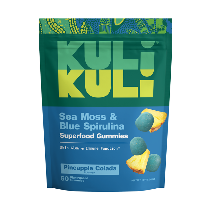 A colorful pouch labeled Kuli Kuli Foods Sea Moss & Blue Spirulina Superfood Gummies in Pineapple Colada flavor features images of blue gummies and pineapple slices. Each pack contains 60 plant-based superfood gummies.