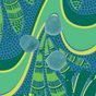 Three blue, rounded Sea Moss & Blue Spirulina Superfood Gummies from Kuli Kuli Foods are placed on a vibrant, abstract background with green, blue, and yellow curved shapes and dotted patterns.
