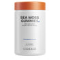 A white container with an orange lid labeled Codeage Sea Moss Gummies, these strawberry-flavored, vegan, pectin-based gummies come as a dietary sea moss supplement and contain 60 gummies per bottle.