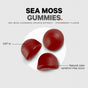 Three red, dome-shaped Codeage Sea Moss Gummies are shown, with one sliced in half to display the texture inside. The text highlights their 0.67-inch size and notes that natural color variation may occur in this vegan supplement.