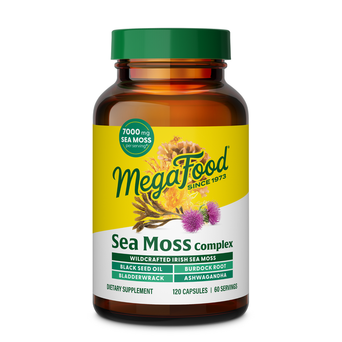 MegaFood Sea Moss Complex is a daily wellness supplement in a brown bottle with a yellow and green label, featuring key ingredients: Sea Moss, burdock, Black Seed Oil, bladderwrack, and Ashwagandha.