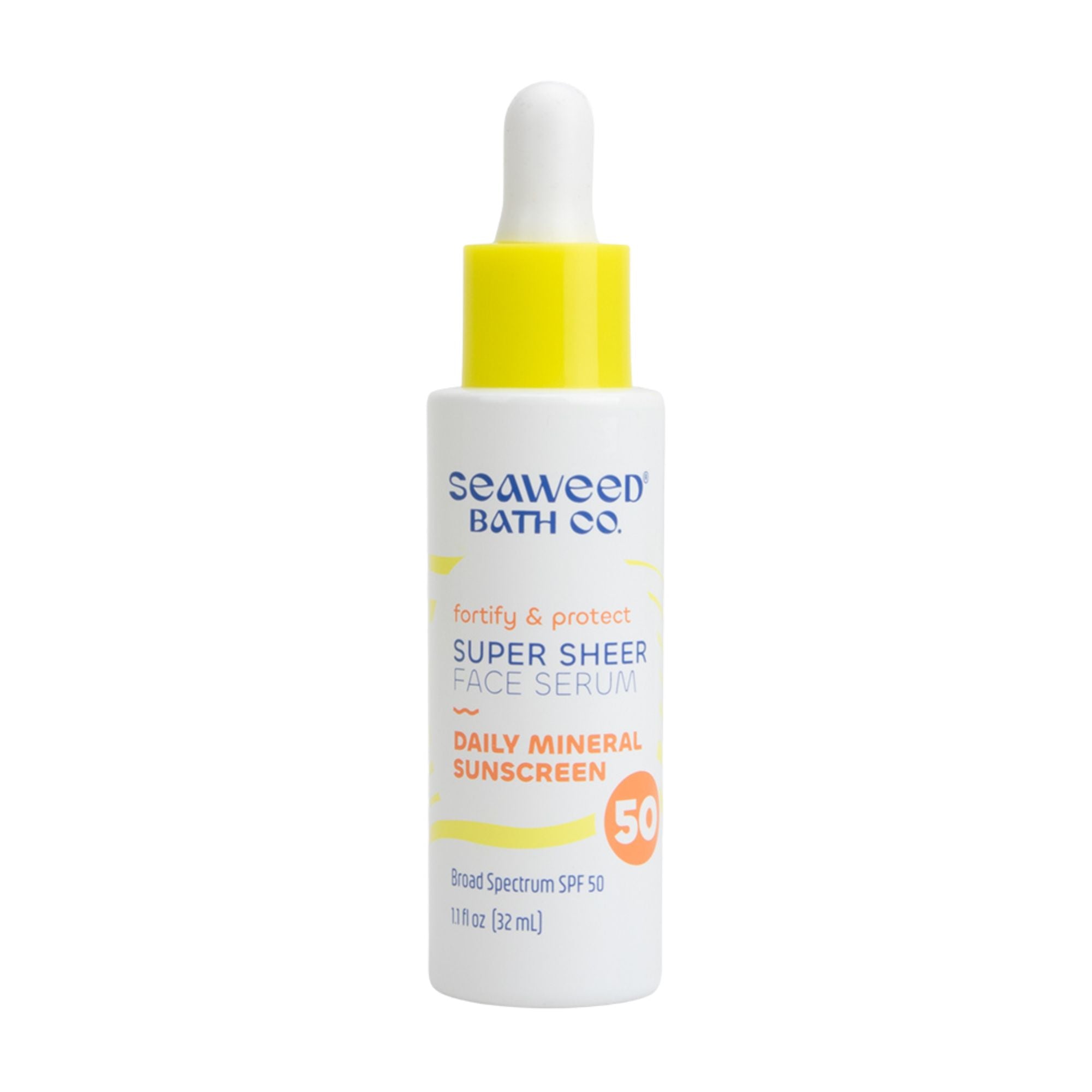 A white bottle of The Seaweed Bath Co Super Sheer Face Serum SPF 50 daily sunscreen, 32 ml (1 fl oz), with a yellow dropper cap and bio-mimicking collagen.