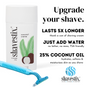 A Shavestix Solid Shave Stick sits beside a blue razor. Text highlights: lasts 5x longer, just add water, 25% coconut oil. Logo at bottom right. Travel-friendly and moisturizing shave.
