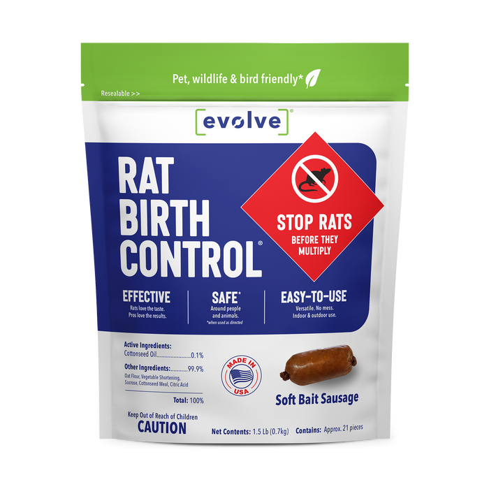 A resealable bag labeled Evolve Rat Birth Control Soft Bait Sausages, promoting effective and pet-, wildlife-, and bird-safe rodent population control. The package contains specialized soft bait sausages—an innovative contraceptive for rats—with guidance to help stop rat infestations before they grow.