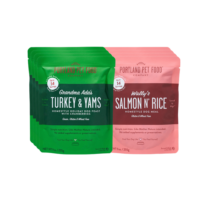 The Senior Favorites Dog Meal Variety by Portland Pet Food Company includes a green pouch of Turkey & Yams and a red pouch of Salmon N Rice. These human-grade, gluten-free meals come in recyclable 9 oz pouches, offering shelf-stable nutrition for dogs with a 14-month shelf life.