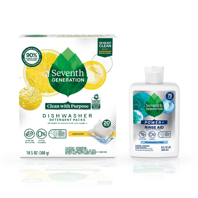 A box of Seventh Generation Dishwasher Detergent Packs Starter Set with a fresh lemon scent sits next to a bottle of Seventh Generation Power+ Rinse Aid. Both eco-friendly products feature enzyme-rich formulas designed to promote clean and effective dishwashing.