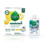 A box of Seventh Generation Dishwasher Detergent Packs Starter Set with a fresh lemon scent sits next to a bottle of Seventh Generation Power+ Rinse Aid. Both eco-friendly products feature enzyme-rich formulas designed to promote clean and effective dishwashing.