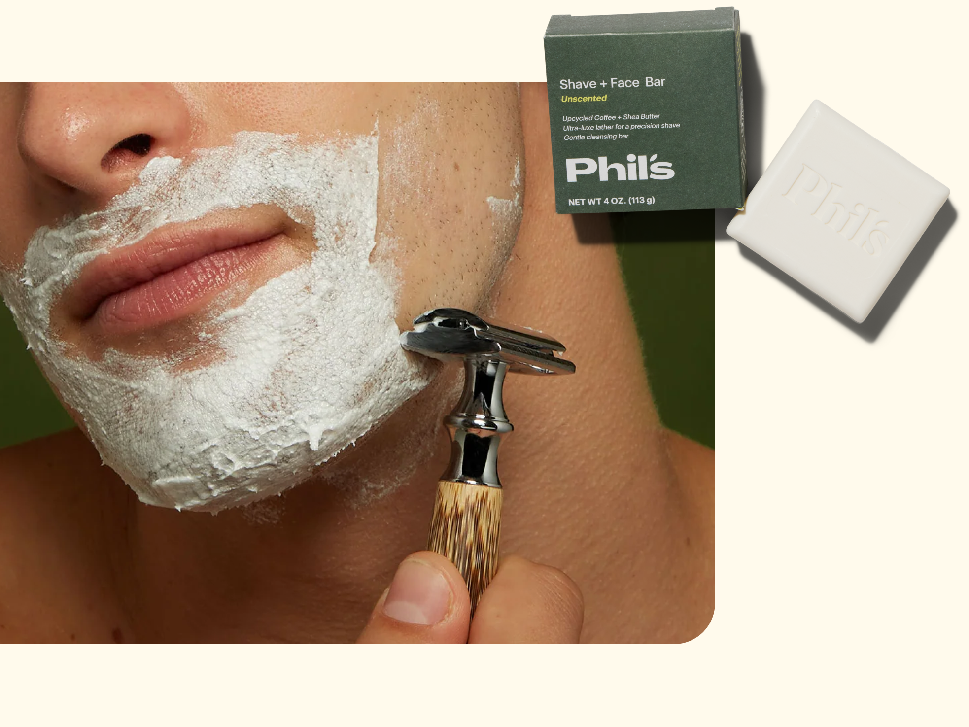 A person shaves their face with a safety razor and shaving cream. Nearby, a green box and white bar labeled Phils indicate the shaving and face soap used.