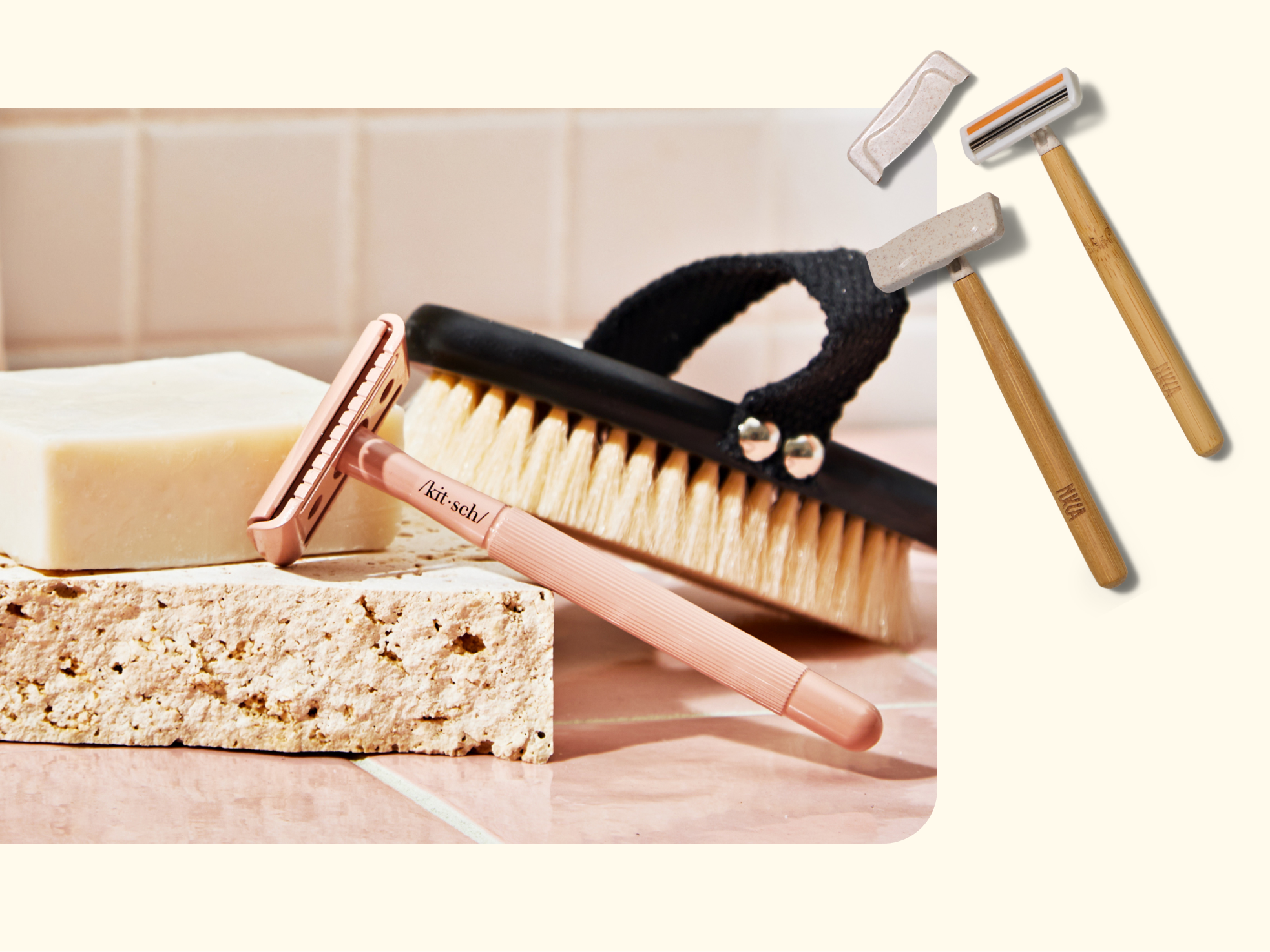A pink safety razor, a block of soap, and a scrub brush are arranged on a tiled surface. To the right, three bamboo-handled razors and two razor heads are displayed against a light background.
