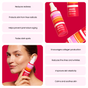 A woman holds a bottle of Shielded Beauty Face the Day Purifying Mist to her cheek. Text highlights benefits such as reducing redness, antioxidant protection, fading dark spots, and enhancing skin elasticity for a healthier look.
