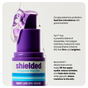 A purple bottle labeled Shielded Beauty Night Life Live Probiotic Eye Serum with hydrating serum and text highlighting probiotics to firm, brighten, reduce wrinkles, and moisturize the eye area.