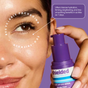 Close-up of a smiling person applying Shielded Beauty’s Night Life Live Probiotic Eye Serum, with text highlighting hydrating and firming benefits, dark circle reduction, and eco-friendly, recyclable packaging.