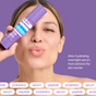 A woman with smooth skin holds a purple Shielded Beauty Night Life Live Probiotic + HA Serum bottle near her face, making a kissy face. Text: Ultra-hydrating overnight treatment with hyaluronic acid and probiotics to restore skin barrier.