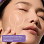 A woman with glowing, dewy skin touches her cheek. Text highlights hyaluronic acid, sodium PCA, lavender aroma, and probiotics. Caption: Shielded Beauty’s Night Life Live Probiotic + HA Serum—an ultra-hydrating overnight treatment.