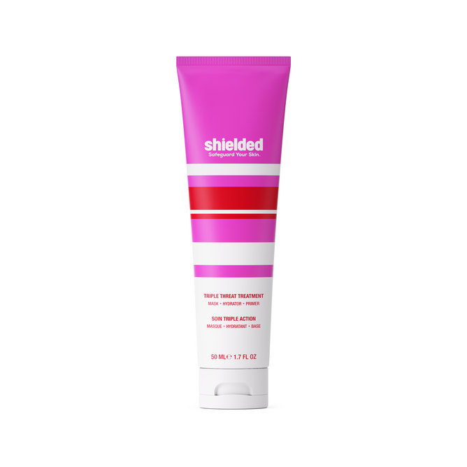 Shielded Beautys Triple Threat Treatment comes in a pink and white striped 50 mL (1.7 fl. oz.) tube. This hydrating primer supports your clean beauty routine with its effective skin care formula.