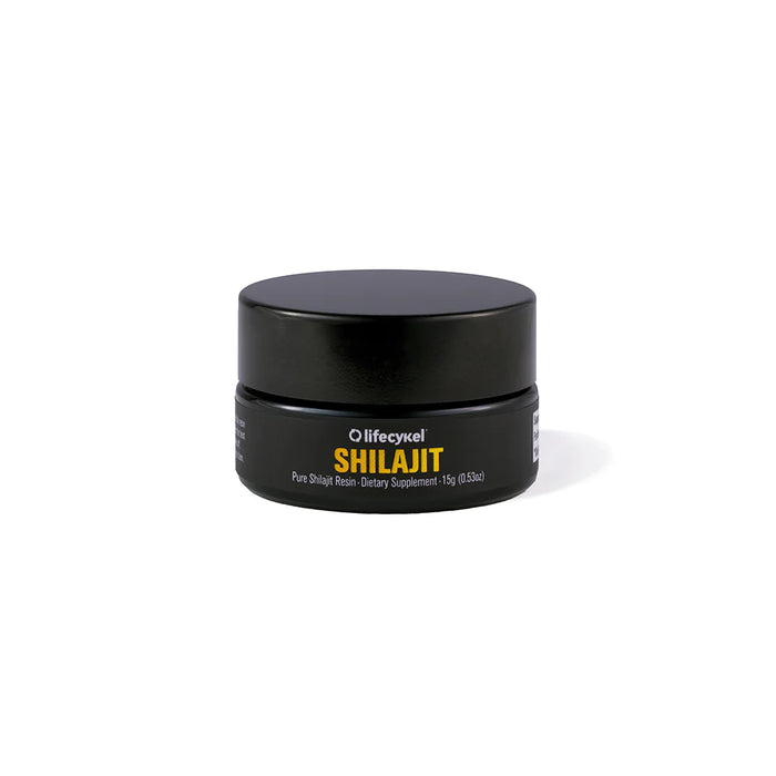 A small black jar labeled Lifecykel Shilajit Pure Resin 15g (0.53oz), a dietary supplement known for vitality support, is centered on a white background.