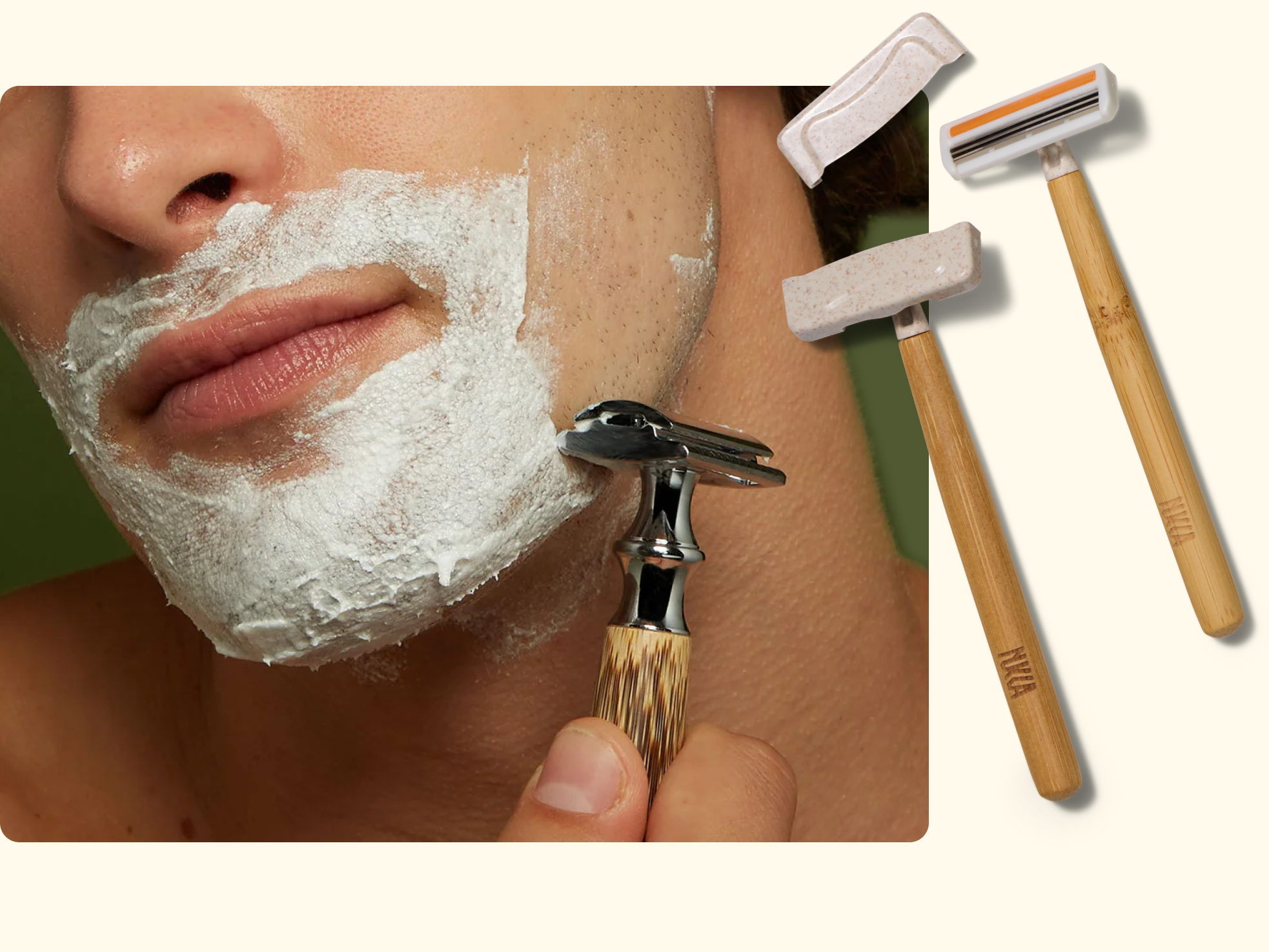A person applies shaving cream to their face and shaves with a bamboo-handled safety razor. Next to them are two bamboo-handled razors with protective covers on a light background.