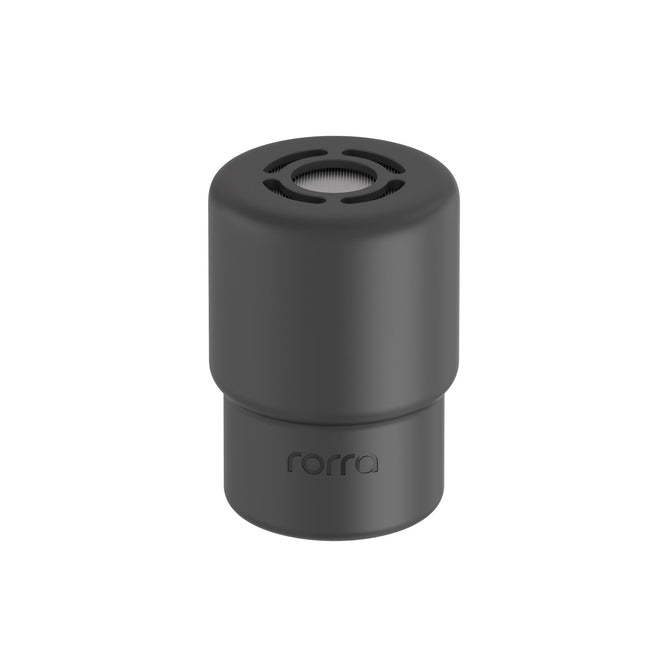 A black cylindrical Rorra Showerhead Filter with a vented top and the brand name “rorra” displayed on the front, shown against a white background. This showerhead filter by Rorra features advanced KDF-55 Media for enhanced filtration performance.