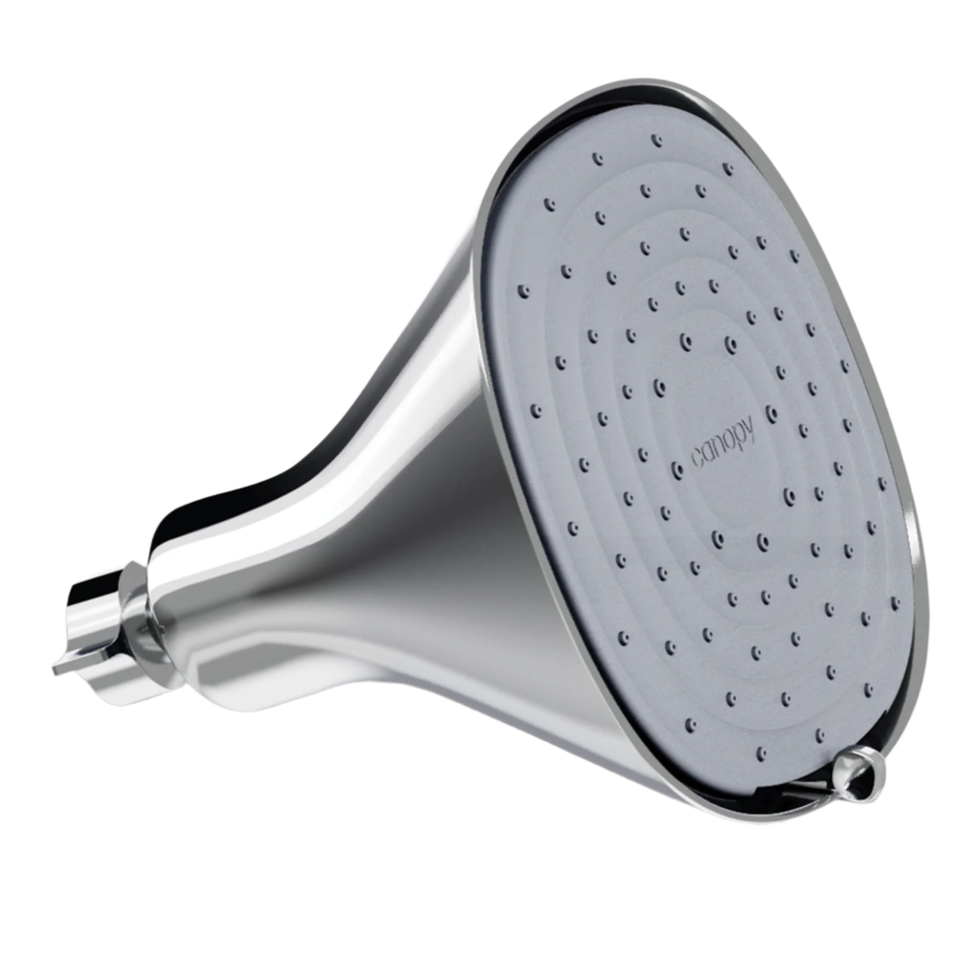 The Canopy Filtered Handheld Showerhead features a sleek, modern chrome design with a wide conical face and evenly spaced small nozzles. “Canopy” is printed at the center, highlighting its benefits for healthy skin and hair.