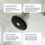 Close-up of the Rorra Filtered Showerhead by Rorra spraying water, with four text boxes highlighting benefits: healthier skin, easy setup, clean water, and stronger hair, each briefly explained. Featuring chlorine reduction through the Rorra shower water filter for a refreshing and safe shower experience.