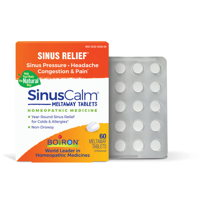 A box of Boiron SinusCalm Tablets is displayed next to a blister pack of 15 tablets, with packaging highlighting relief for sinus pressure, headache, nasal congestion, and allergies.