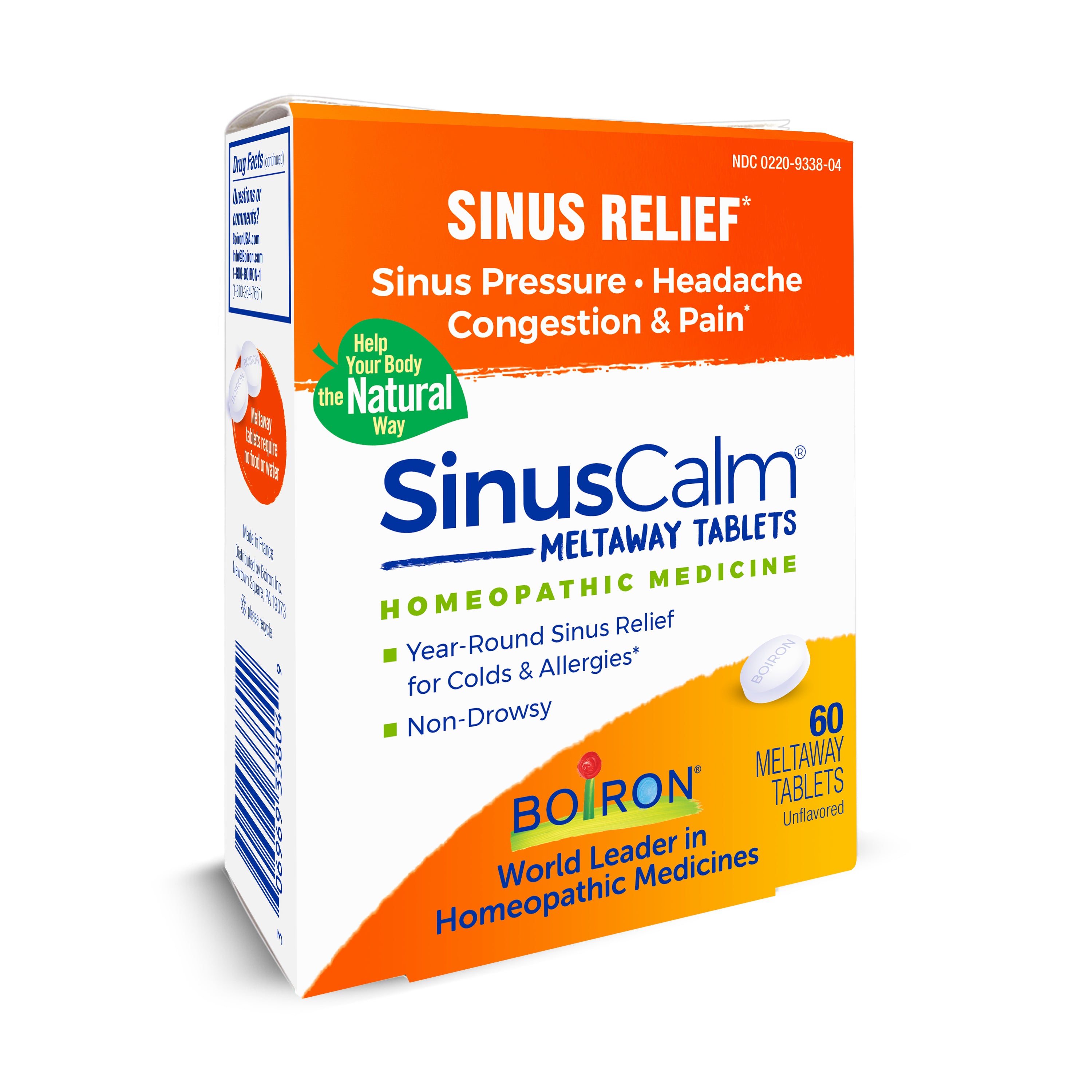 SinusCalm Tablets by Boiron provide natural sinus relief, headache, sinus pressure, and congestion support with 60 non-drowsy homeopathic tablets that melt away and have no added flavor.