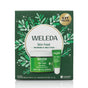 The Weleda Skin Food Nourish & Melt Duo includes Body Butter (5 fl oz) and Lip Butter (0.27 fl oz) to hydrate dry skin and lips, featuring a green leafy design, $27 value label, and natural care mark.