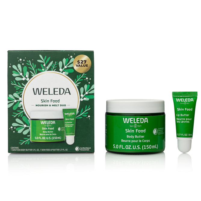 The Weleda Skin Food Nourish & Melt Duo includes a green box, a 5.0 fl oz body butter jar, and a 0.27 fl oz lip butter tube—perfect for moisturizing dry skin and lips, displayed on a white background.