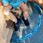 A toddler in a blue outfit and black water shoes sits by the pool wearing a Green Sprouts Eco Snap Swim Diaper made from recycled polyester (24 months, 24-28 lbs). Sunlight reflects off the clear water, highlighting the blue mosaic tile border. The toddlers legs and part of an adults leg are visible.