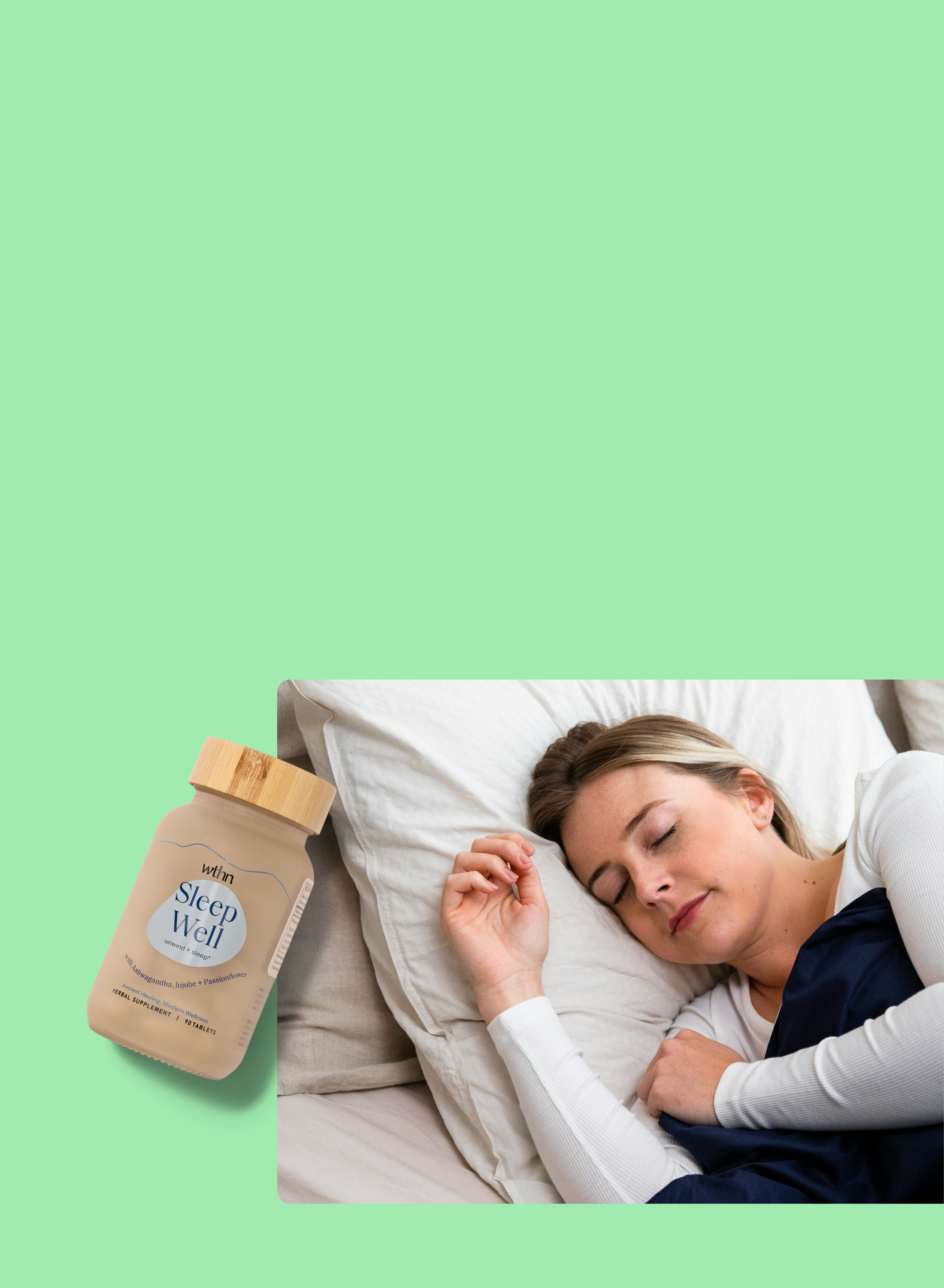 A woman sleeps peacefully in bed, while a bottle labeled Sleep Well with a wooden cap is placed nearby on a light green background.