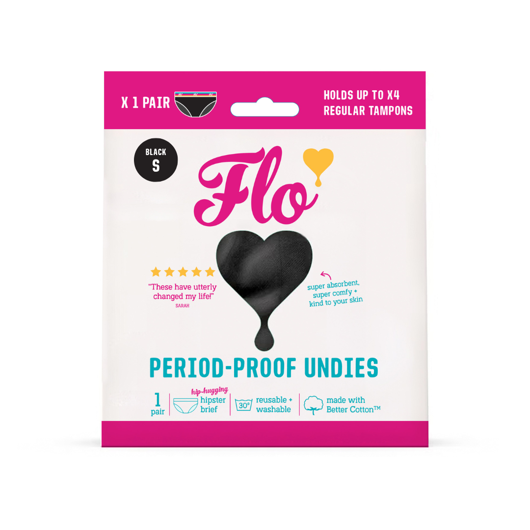 A pack of Here We Flo Reusable Cotton Period Underwear, size small. The white and pink packaging notes its super absorbent, reusable and washable, and holds up to 4 tampons’ worth.