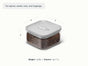 The Caraway Glass Airtight Container, 1 qt, is a clear, square storage container with a gray lid (6"x6"x3"), ideal for holding coffee beans, spices, seeds, nuts, and toppings. Weight: 1.2 lbs; labeled for versatile pantry use.