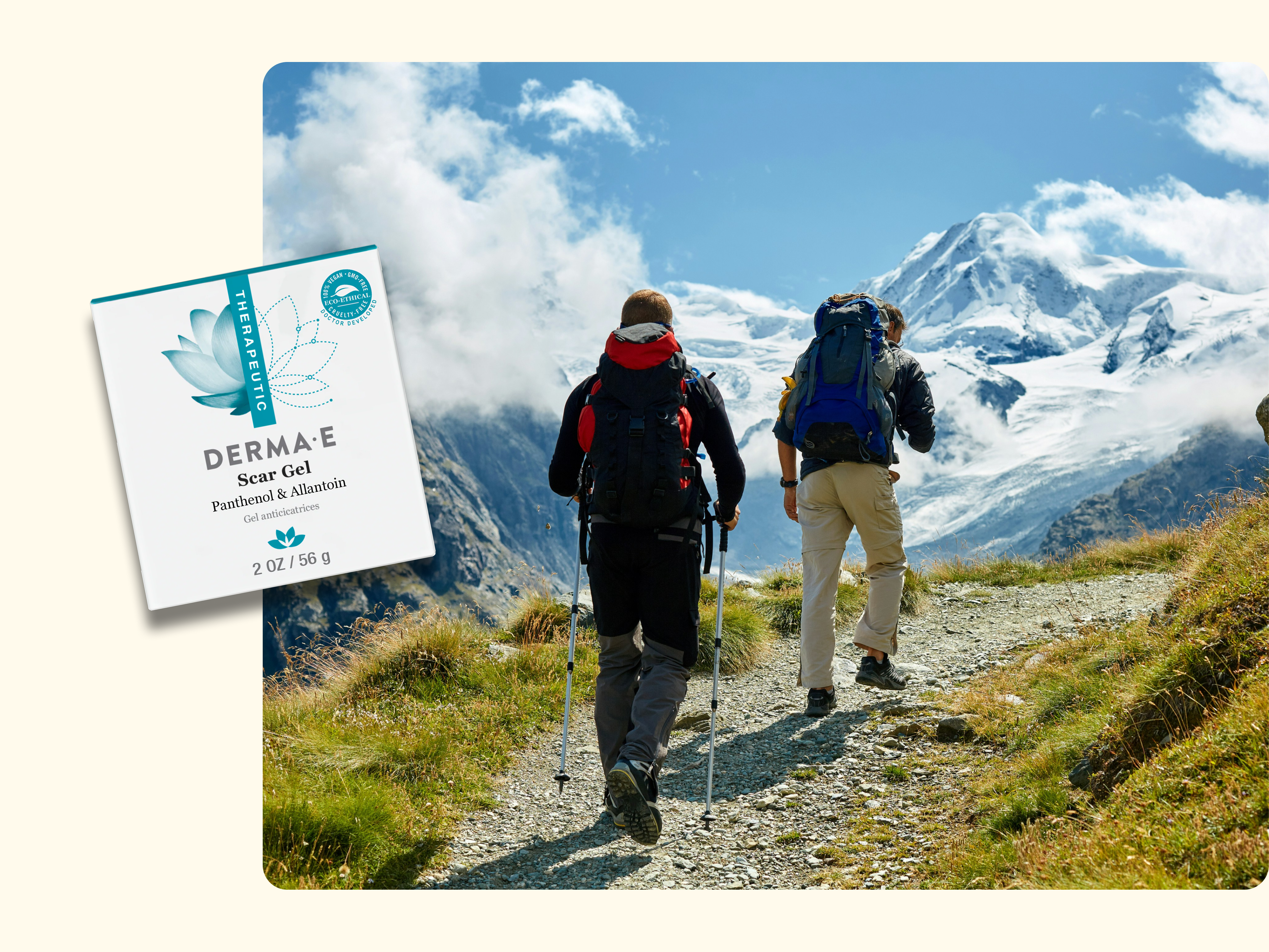 Two hikers with backpacks trek toward snow-capped mountains on a rocky trail. DERMA·E Scar Gel box (2 oz, Panthenol & Allantoin) is displayed in the foreground.