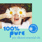 A smiling child holds daisies over their eyes, with text reading “100% pure pre-diluted Plant Therapy Sniffle Stopper Roll-On KidSafe essential oil blend for respiratory support” and a blue wellness emblem in the corner.