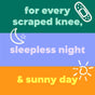 Text on colored blocks reads: for every scraped knee, sleepless night & sunny day, with icons of a bandage, crescent moon, and sun—plus gentle congestion relief and respiratory support from our Plant Therapy KidSafe Sniffle Stopper Roll-On.