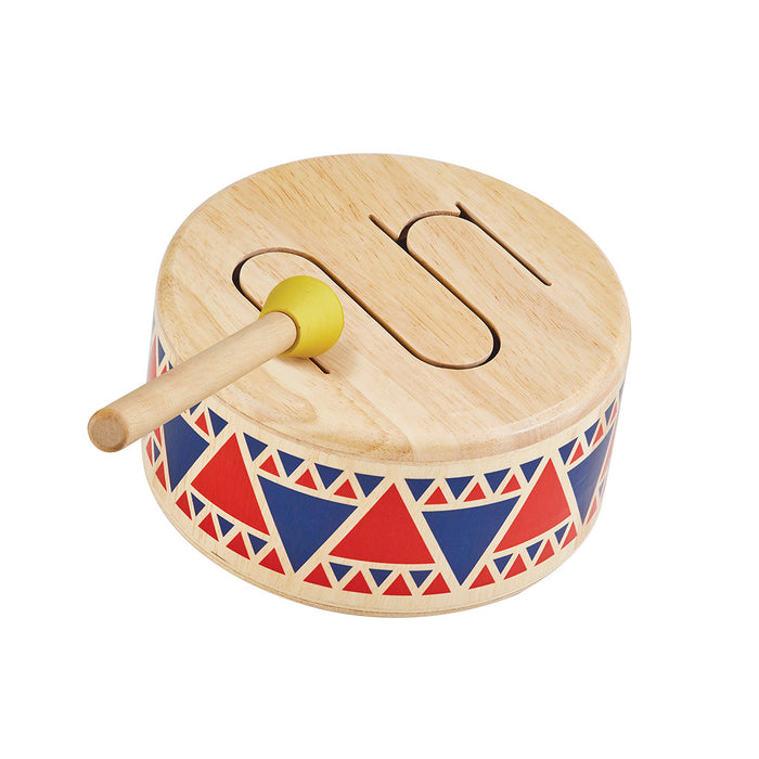 The PlanToys Solid Drum is a circular wooden drum with red, blue, and beige geometric patterns and a yellow-tipped mallet—an eco-friendly choice for your sustainable toy collection.